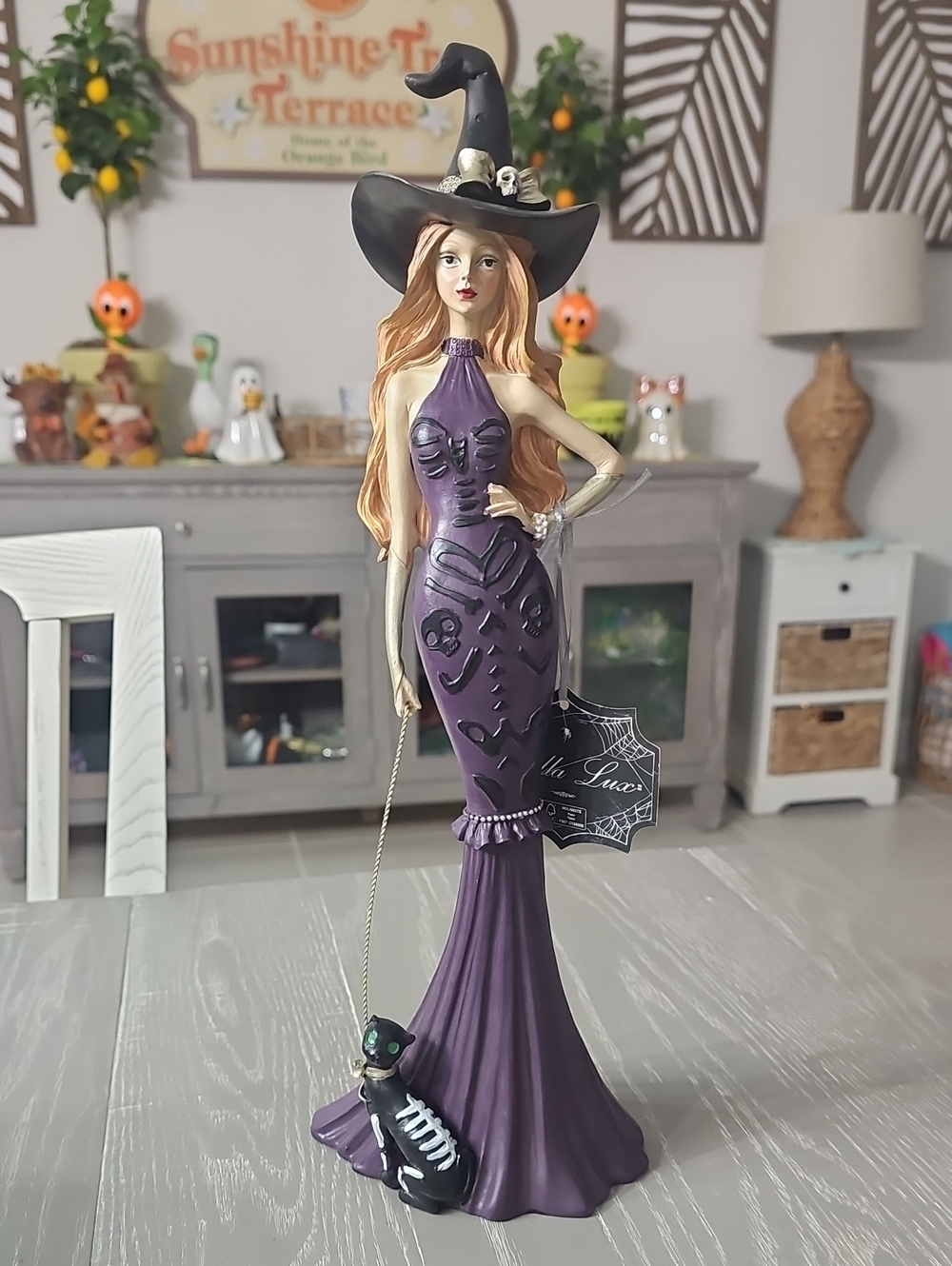 New! Bella Lux Tall Purple Halloween Witch in Mermaid Dress with Cat Figurine